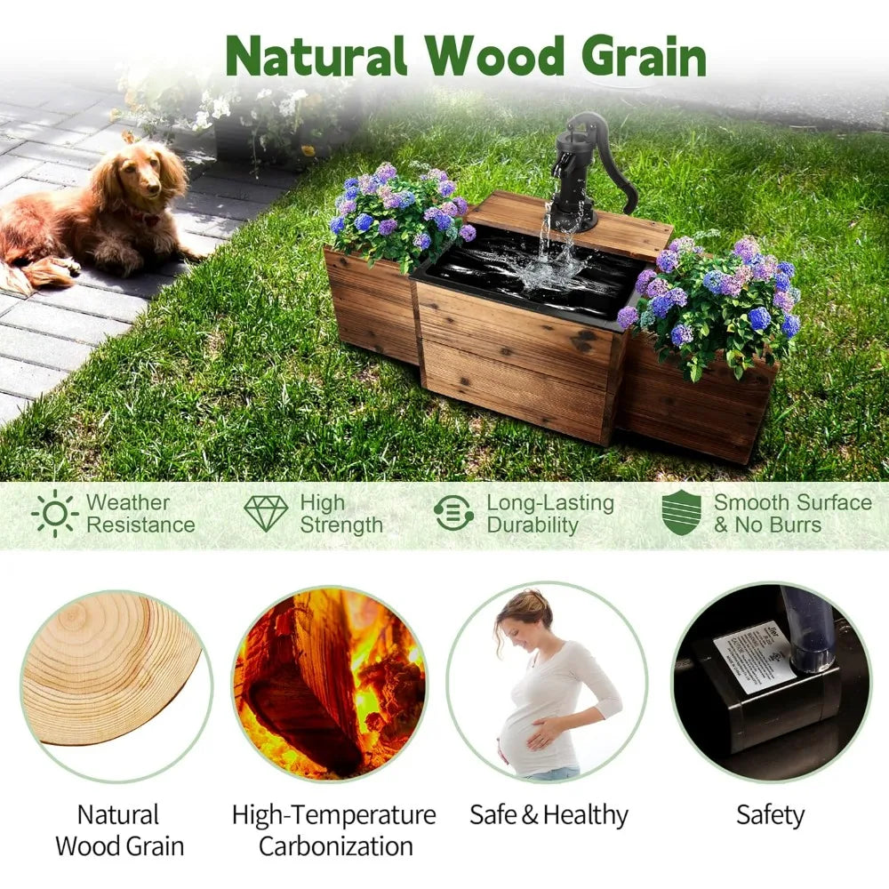 Outdoor Fir Wood Water Fountain With Flower Box And Pump