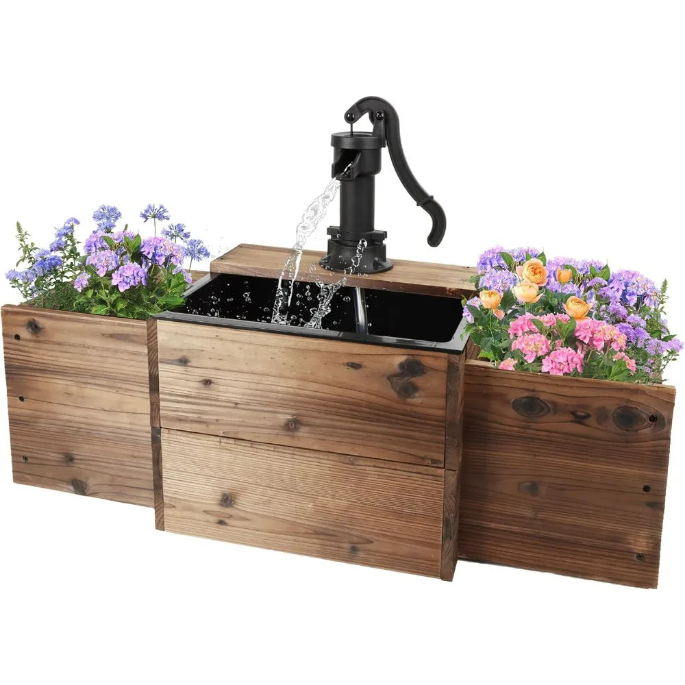 Outdoor Fir Wood Water Fountain With Flower Box And Pump