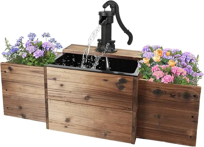 Outdoor Fir Wood Water Fountain With Flower Box And Pump
