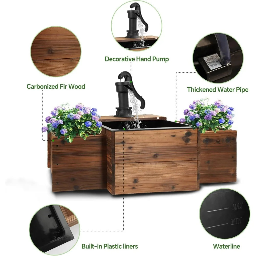 Outdoor Fir Wood Water Fountain With Flower Box And Pump